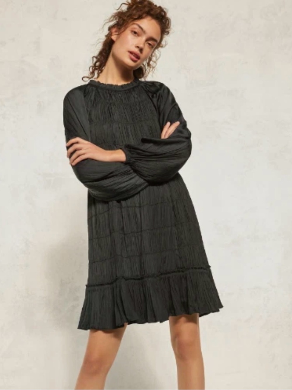 Maeve Dress Womens XS Extra Small Black Tasha Smocked Mock Neck Anthropologie